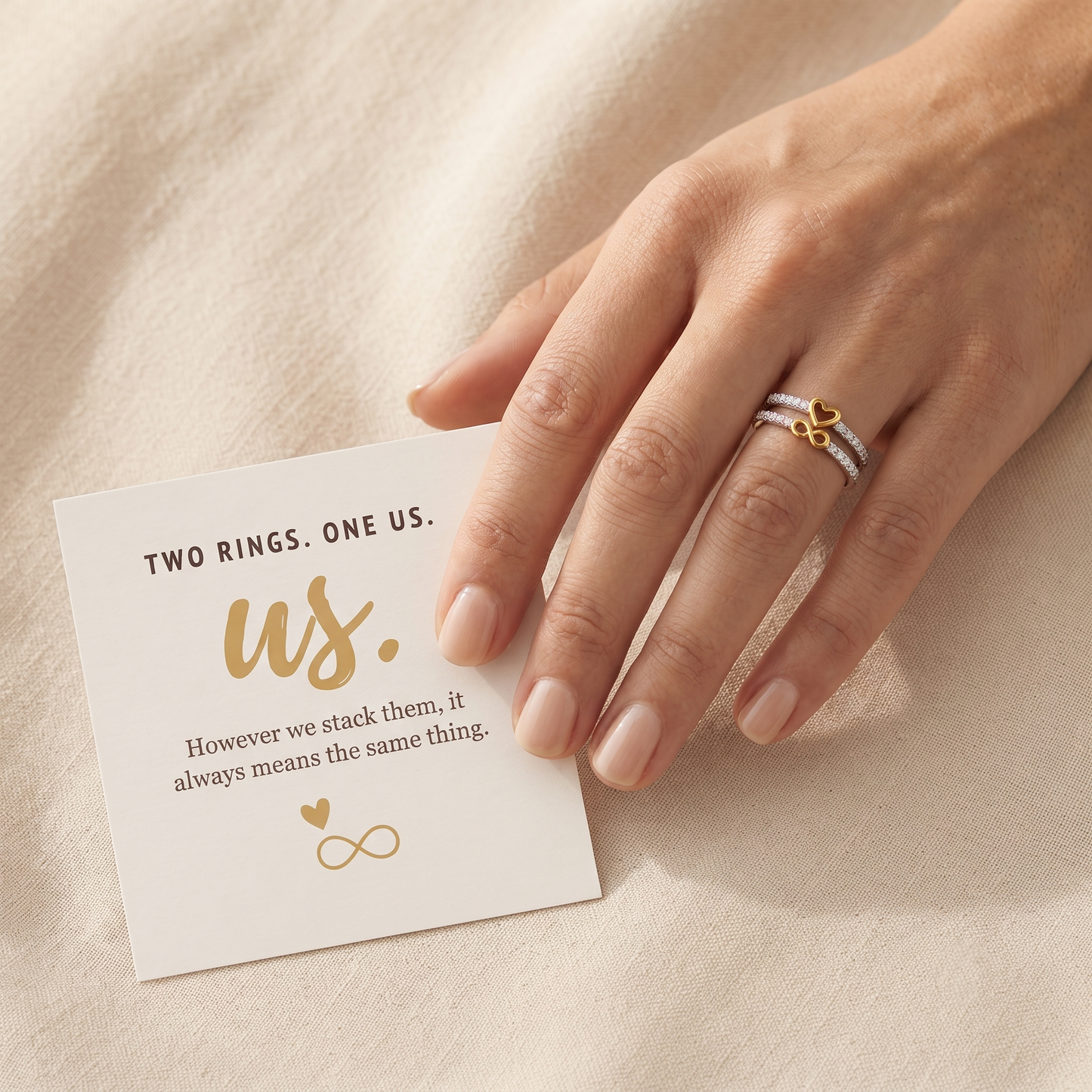 Infinity Heart Ring Set worn on hand - Kynd Co.