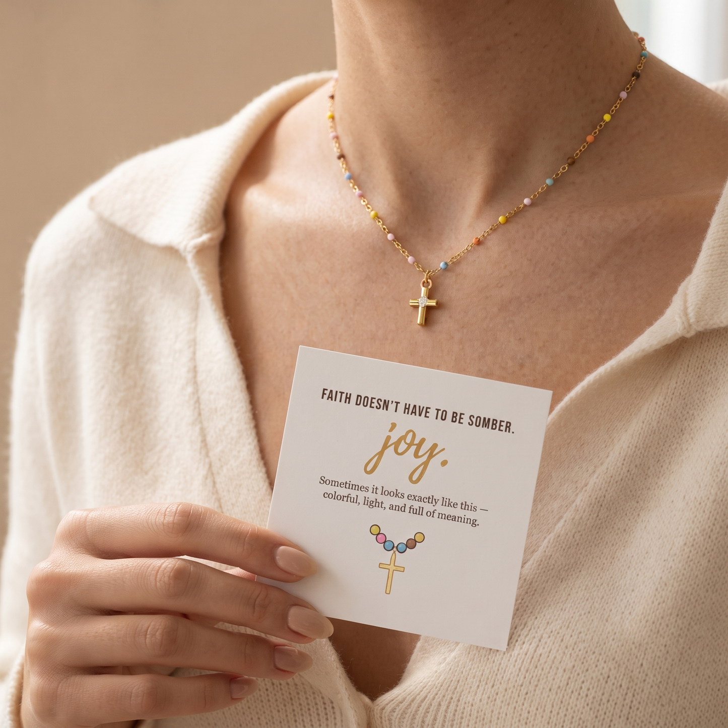 Rainbow Cross Necklace worn as necklace - Kynd Co.