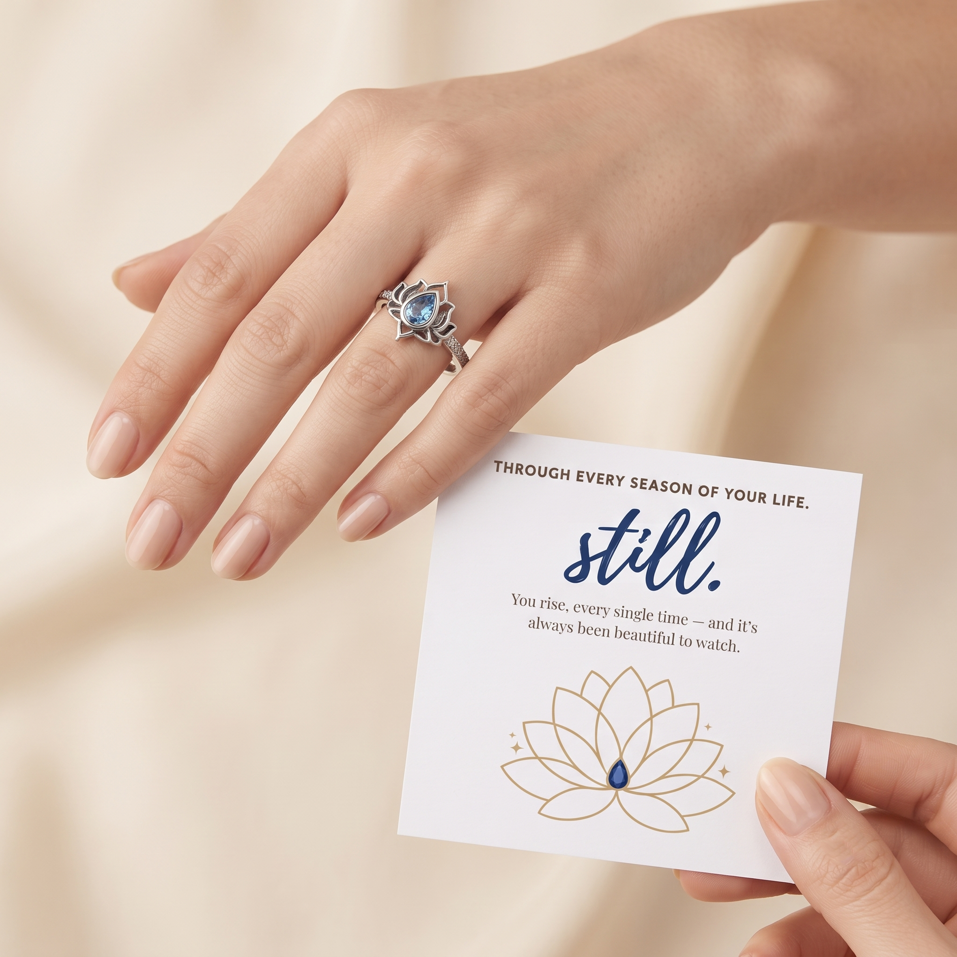 Blue Lotus Ring worn on hand - Kynd Co.