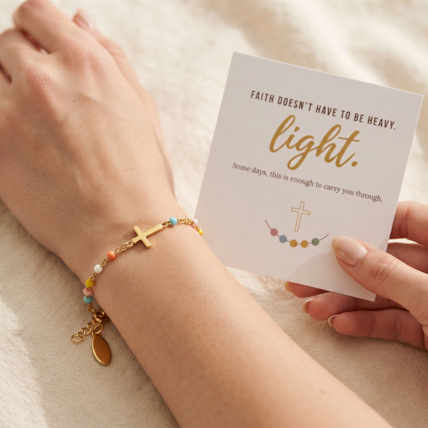 Cross Bracelet shown on wrist - Kynd Co.
