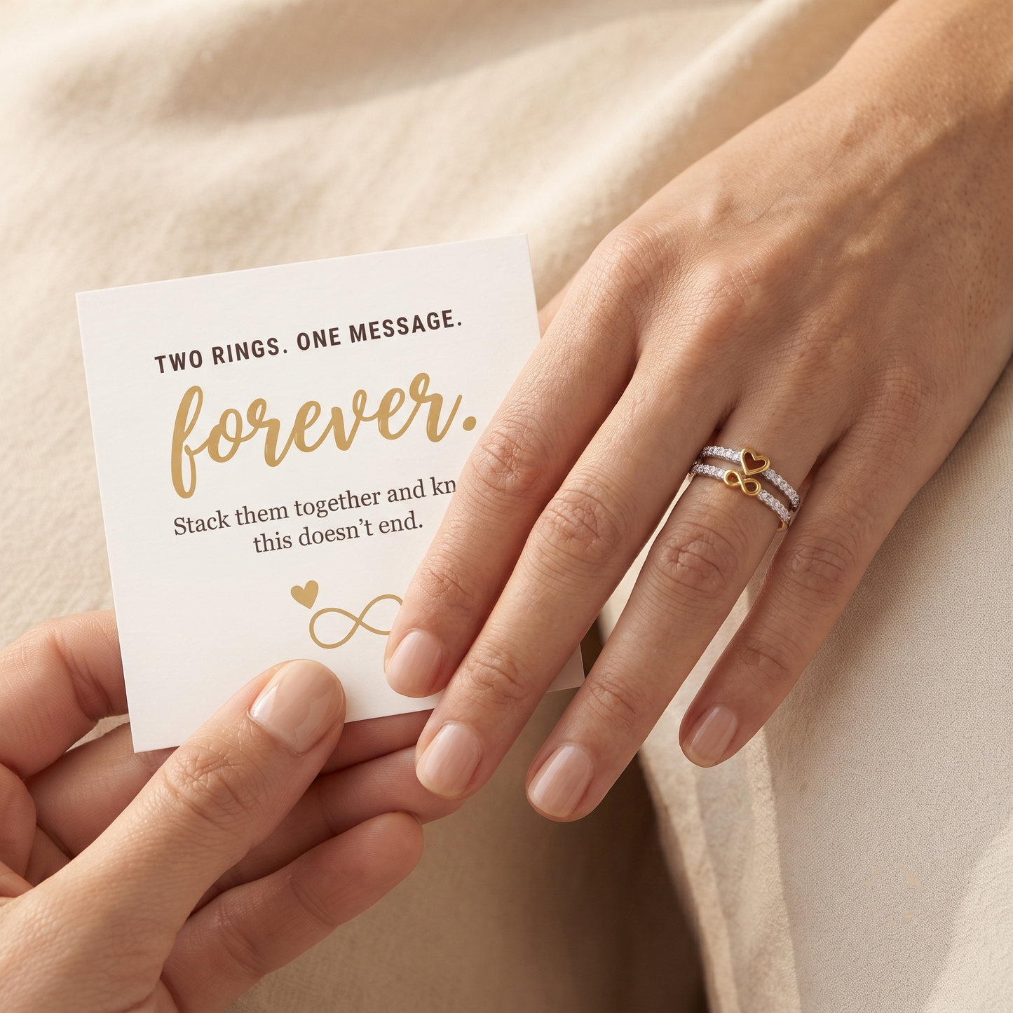 Infinity Heart Ring Set worn on hand - Kynd Co.