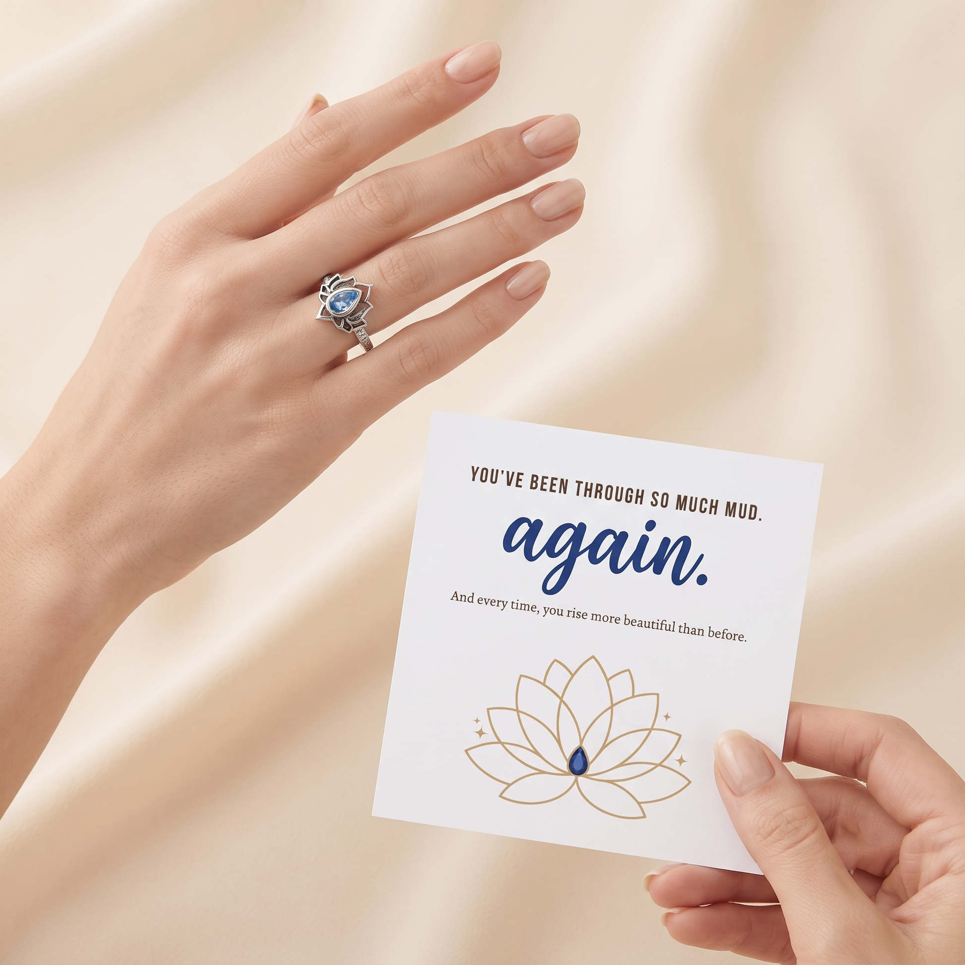 Blue Lotus Ring worn on hand - Kynd Co.