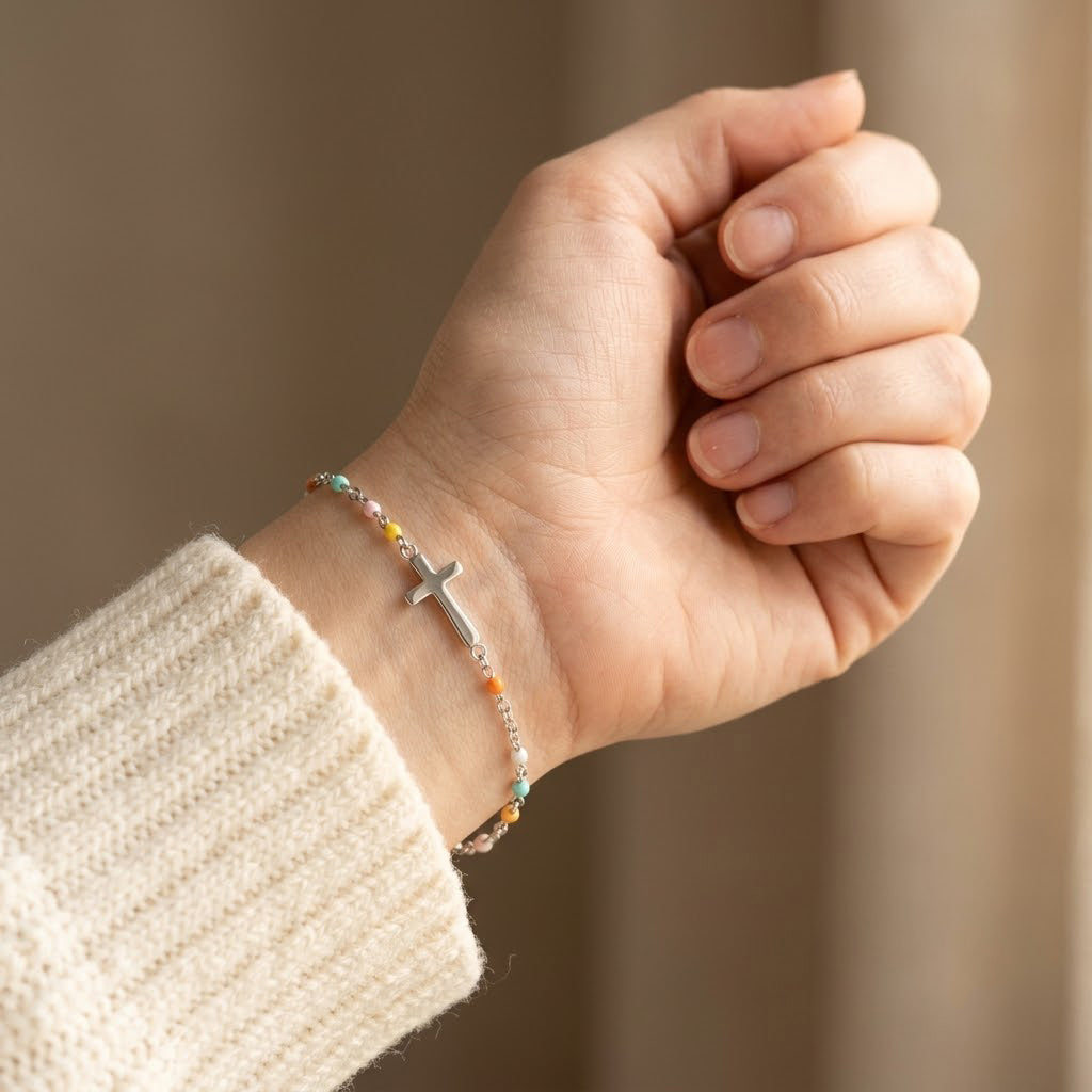 Cross Bracelet shown on wrist - Kynd Co.