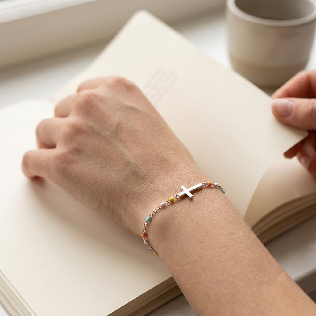 Cross Bracelet shown on wrist - Kynd Co.