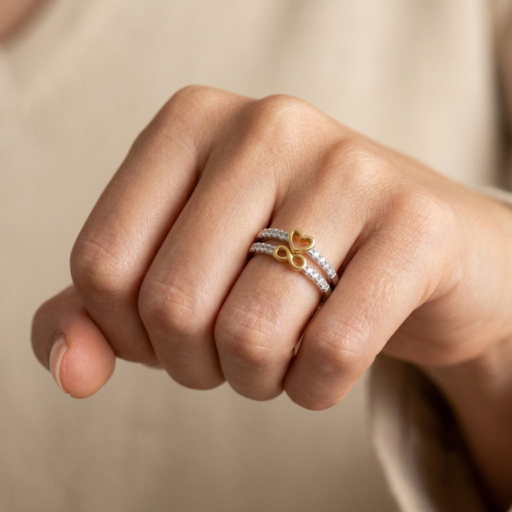 Infinity Heart Ring Set worn on hand - Kynd Co.