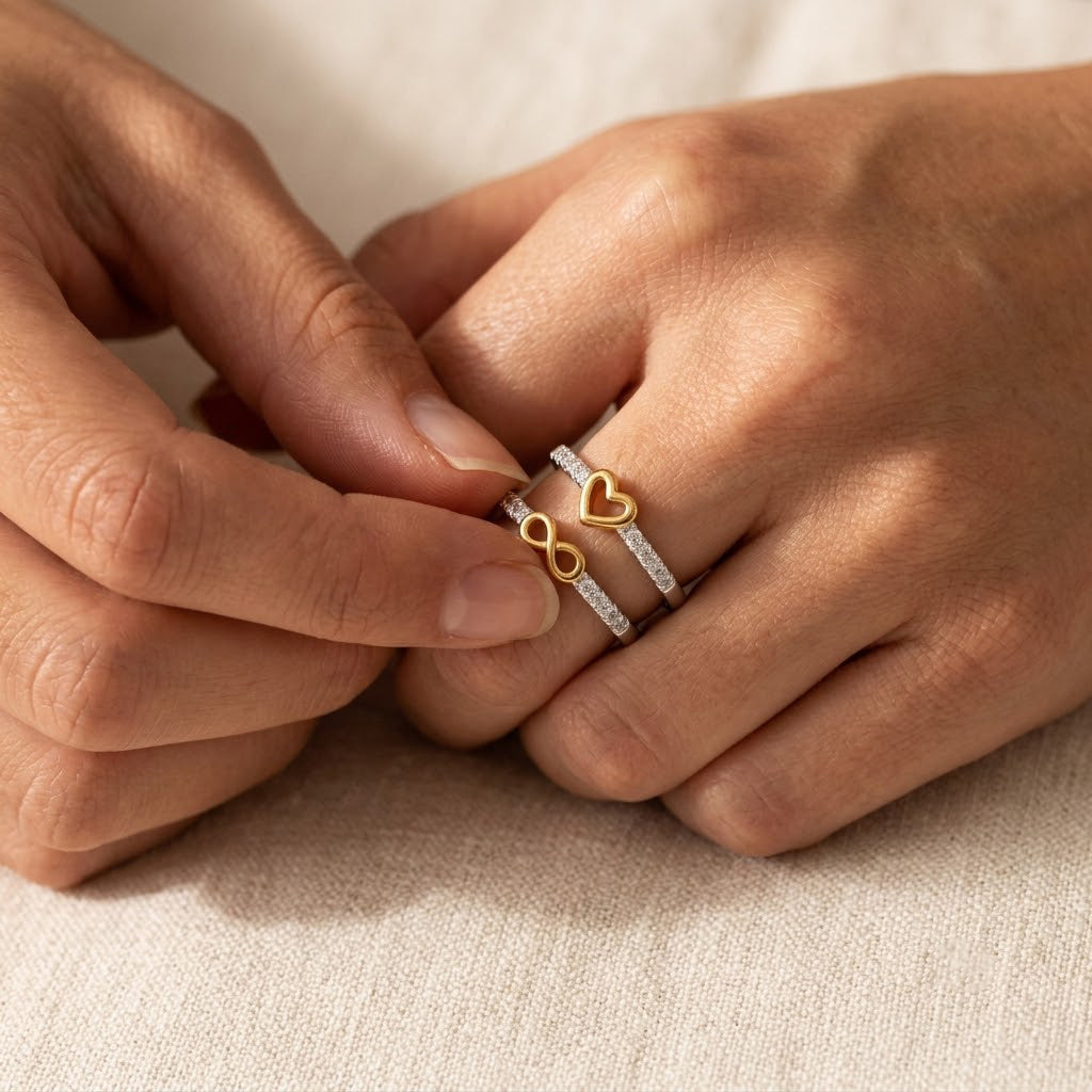 Infinity Heart Ring Set worn on hand - Kynd Co.