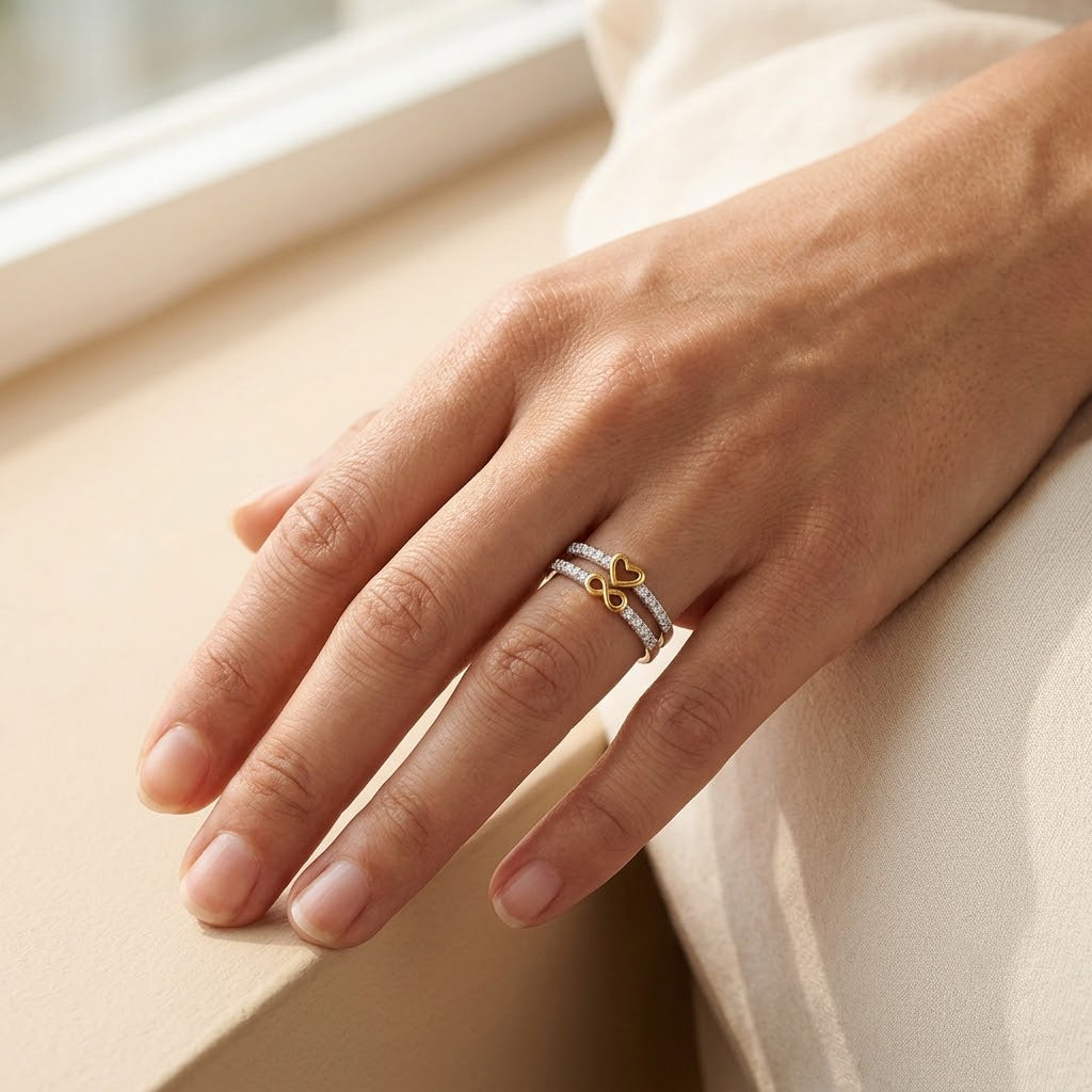 Infinity Heart Ring Set worn on hand - Kynd Co.