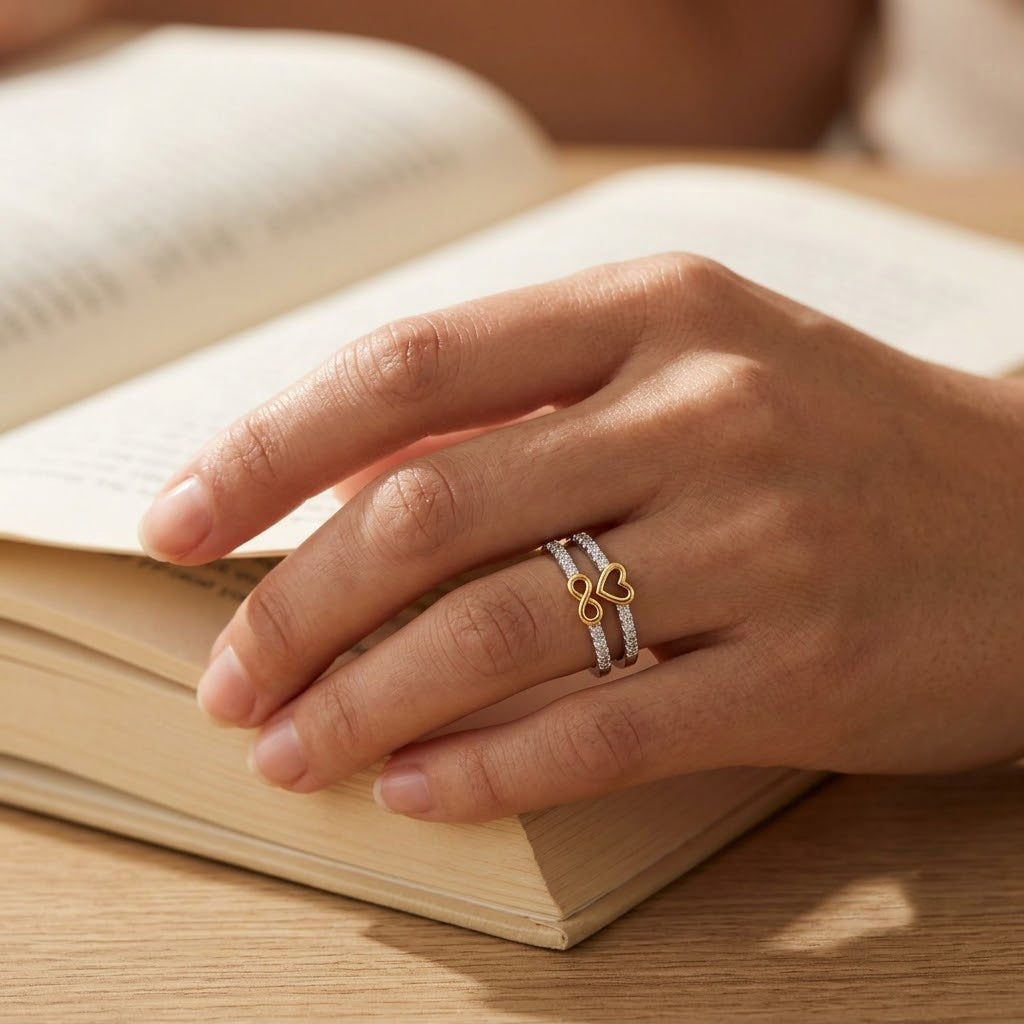 Infinity Heart Ring Set worn on hand - Kynd Co.